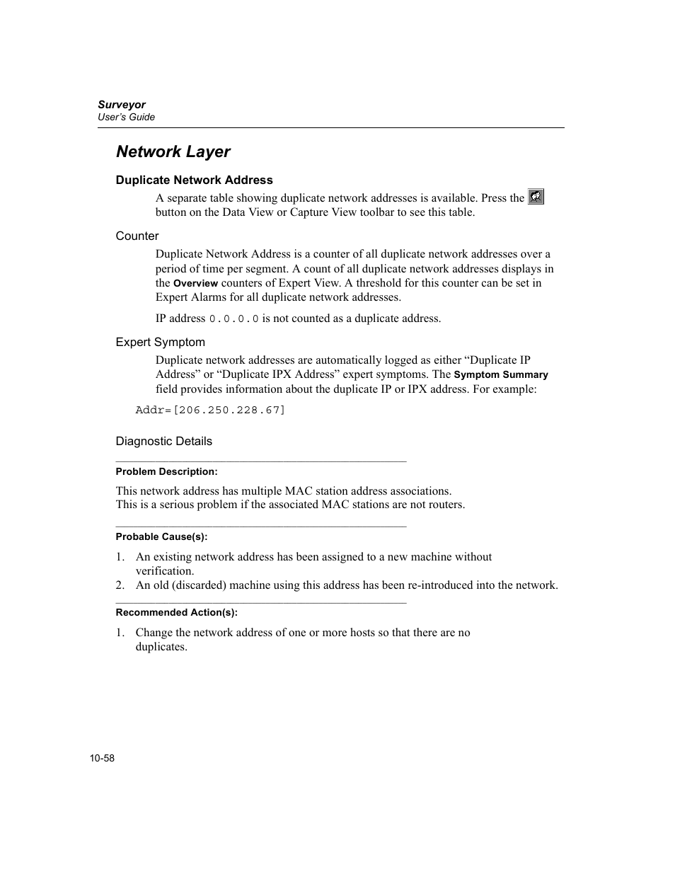 Network layer, Duplicate network address, Network layer -58 | Duplicate network address -58 | Finisar Surveyor User Manual | Page 262 / 454