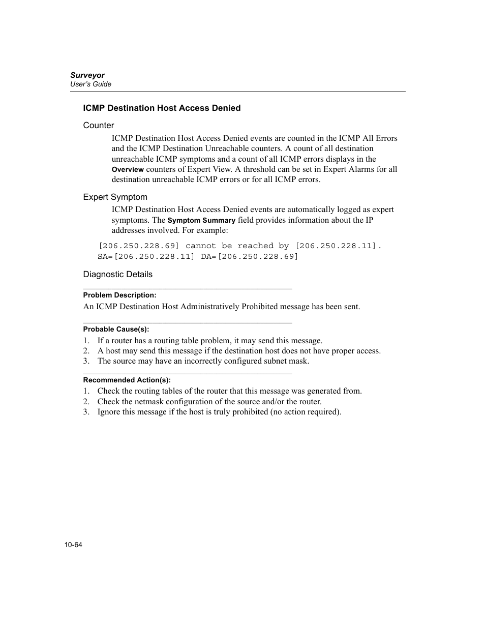 Icmp destination host access denied, Icmp destination host access denied -64 | Finisar Surveyor User Manual | Page 268 / 454