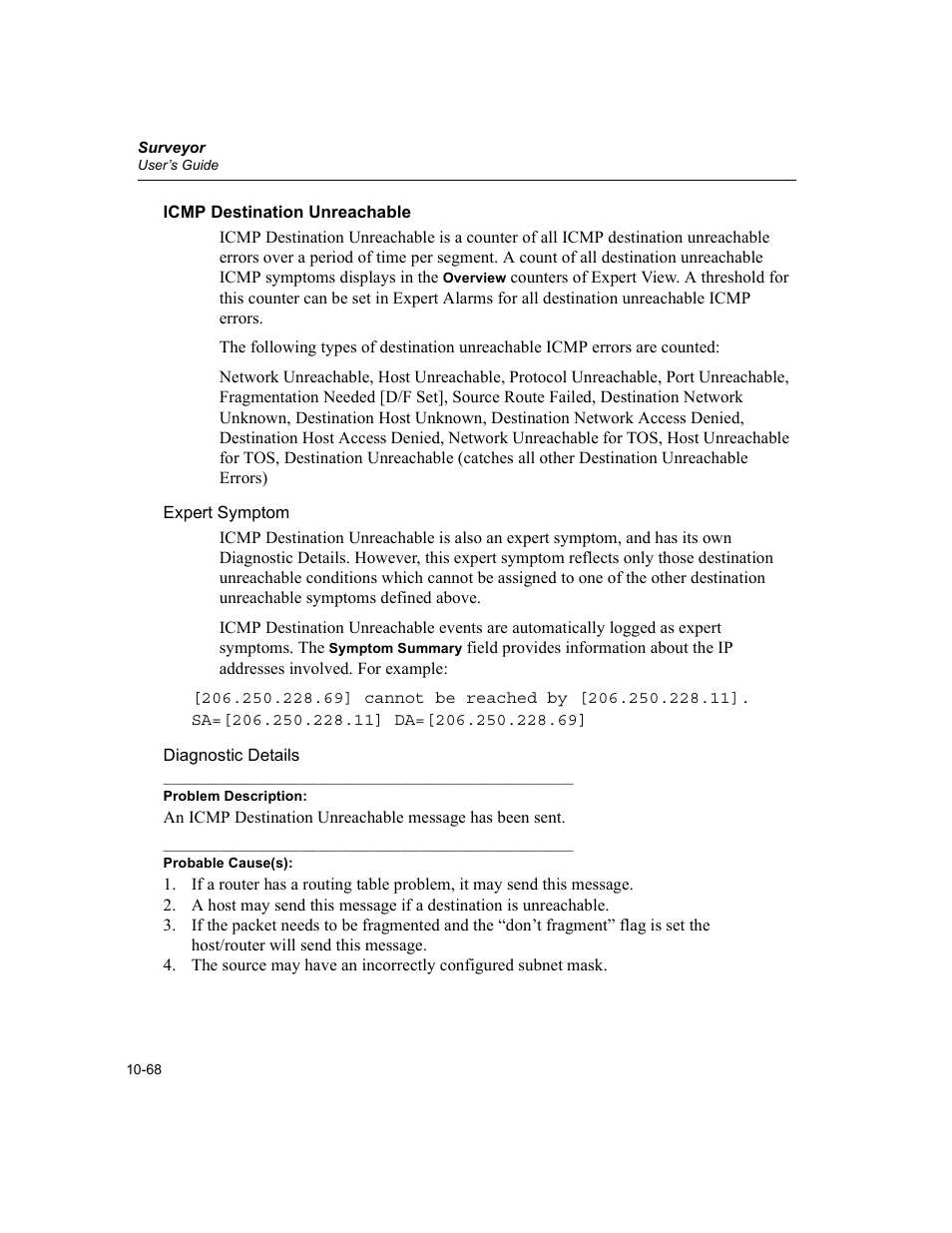 Icmp destination unreachable, Icmp destination unreachable -68 | Finisar Surveyor User Manual | Page 272 / 454