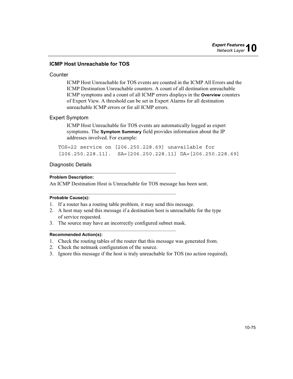 Icmp host unreachable for tos, Icmp host unreachable for tos -75 | Finisar Surveyor User Manual | Page 279 / 454