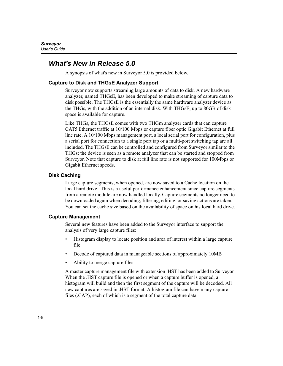 What's new in release 5.0, Capture to disk and thgse analyzer support, Disk caching | Capture management, What's new in release 5.0 -8 | Finisar Surveyor User Manual | Page 28 / 454