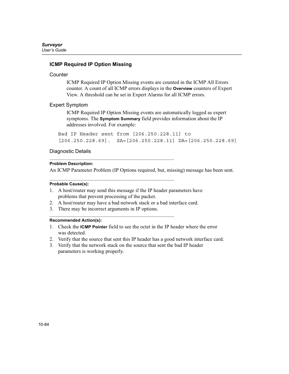 Icmp required ip option missing, Icmp required ip option missing -84 | Finisar Surveyor User Manual | Page 288 / 454
