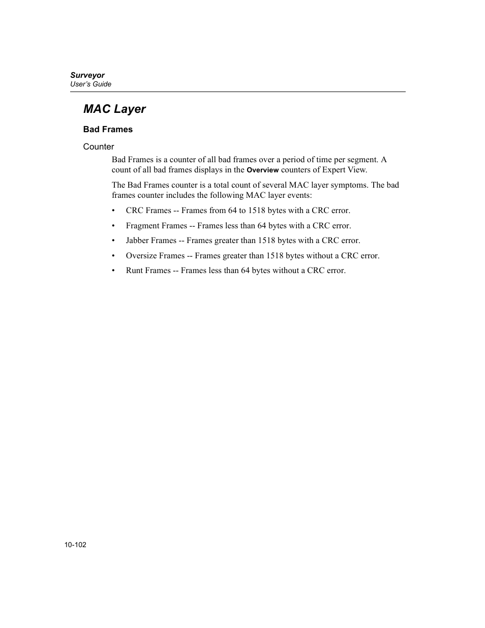 Mac layer, Bad frames, Mac layer -102 | Bad frames -102 | Finisar Surveyor User Manual | Page 306 / 454