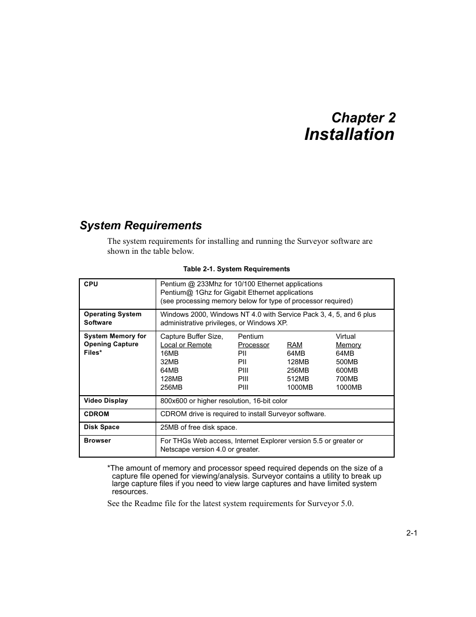 Installation, System requirements, Installation -1 system requirements -1 | System requirements -1, Chapter 2 | Finisar Surveyor User Manual | Page 31 / 454