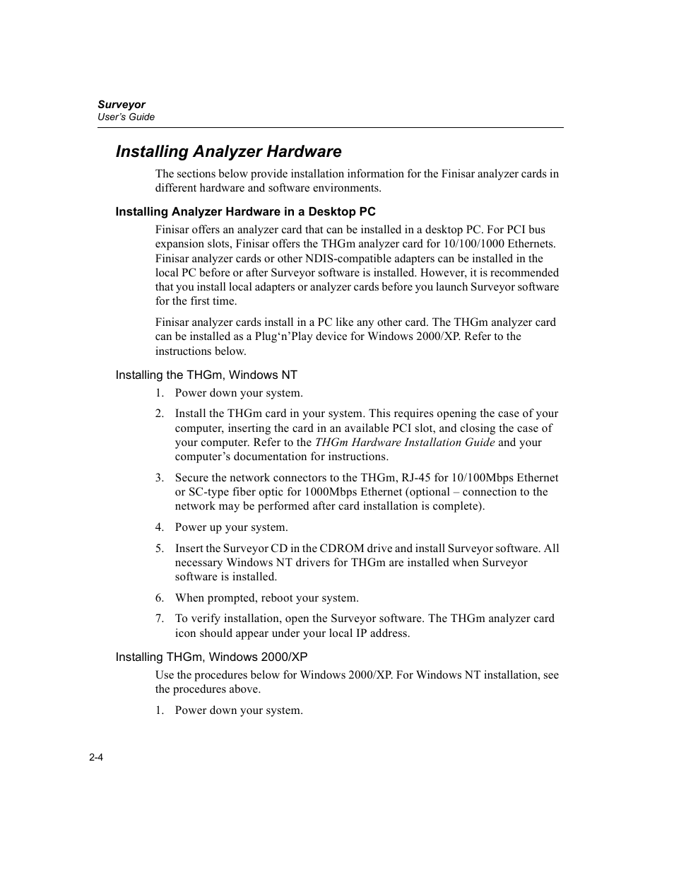 Installing analyzer hardware, Installing analyzer hardware in a desktop pc, Installing analyzer hardware -4 | Installing analyzer hardware in a desktop pc -4 | Finisar Surveyor User Manual | Page 34 / 454