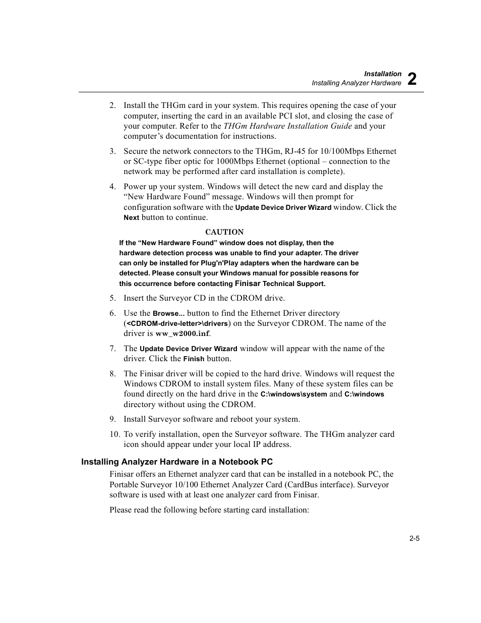 Installing analyzer hardware in a notebook pc, Installing analyzer hardware in a notebook pc -5 | Finisar Surveyor User Manual | Page 35 / 454