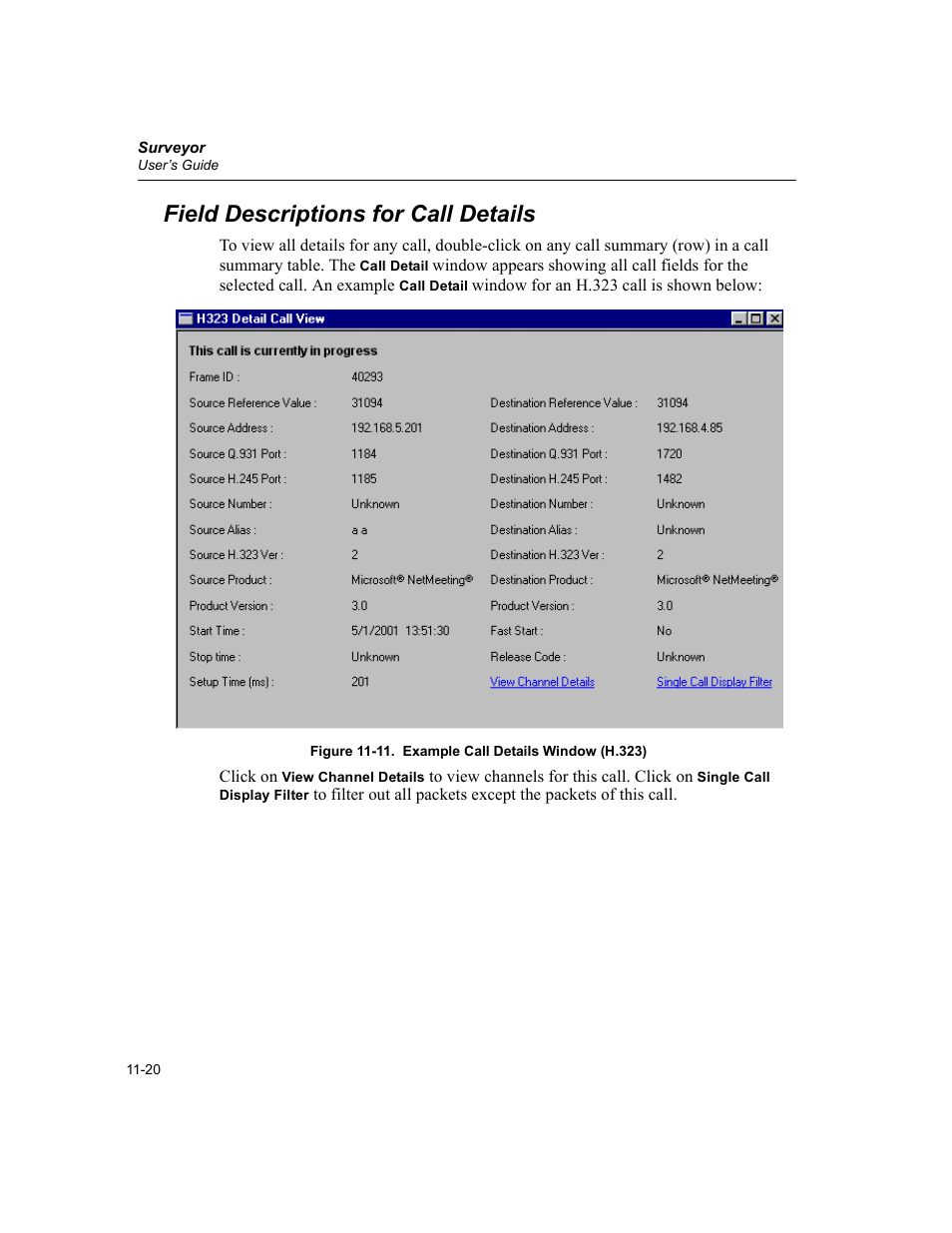 Field descriptions for call details, Field descriptions for call details -20, 11. example call details window (h.323) -20 | Finisar Surveyor User Manual | Page 354 / 454