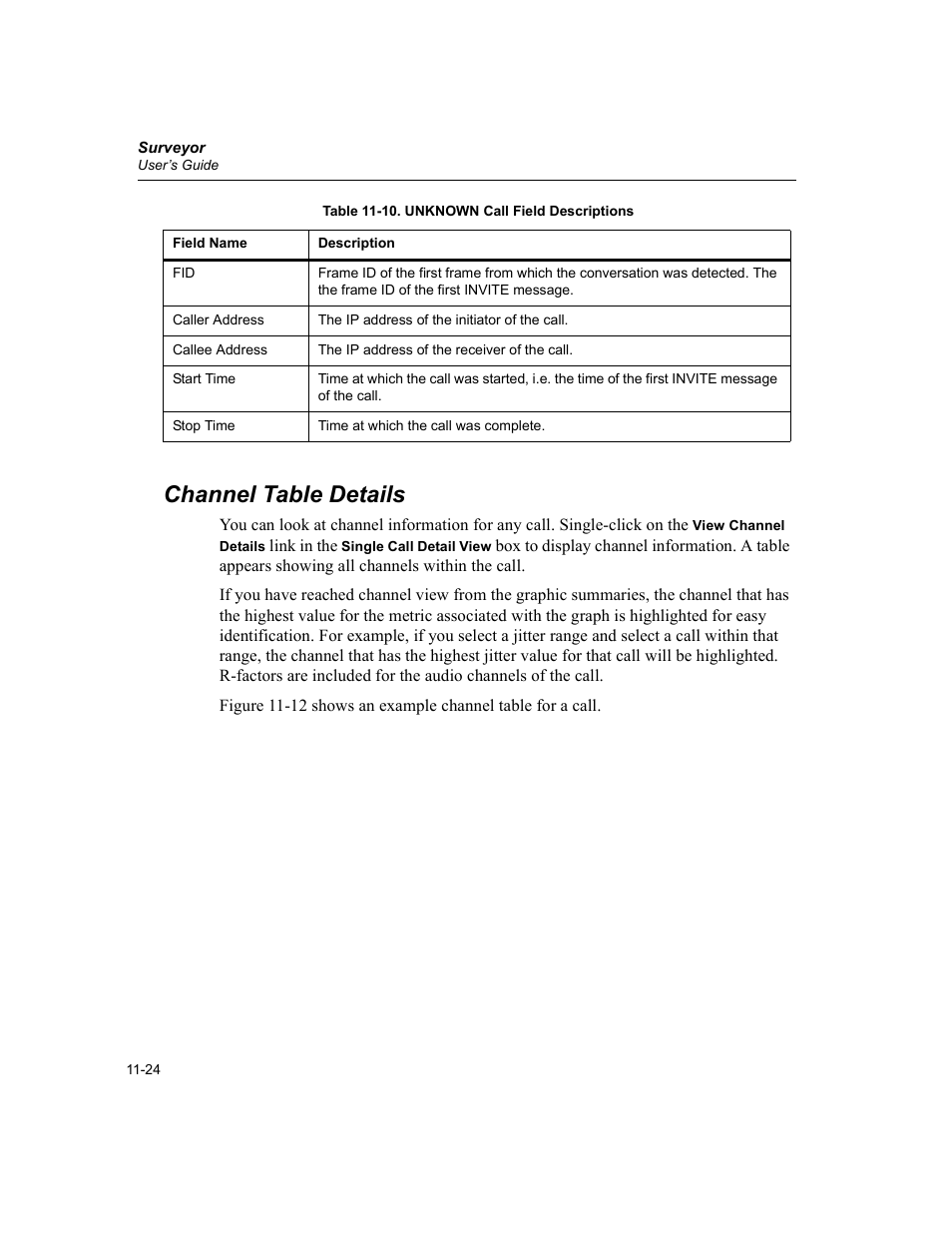 Channel table details, Channel ta, 10. unknown call field descriptions -24 | Finisar Surveyor User Manual | Page 358 / 454