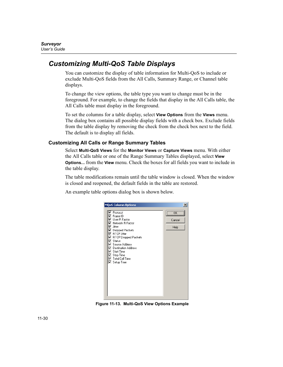 Customizing multi-qos table displays, Customizing all calls or range summary tables, Customizing multi-qos table displays -30 | Customizing all calls or range summary tables -30, 13. multi-qos view options example -30 | Finisar Surveyor User Manual | Page 364 / 454