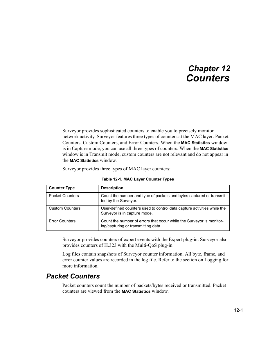 Counters, Packet counters, Counters -1 packet counters -1 | Mac layer counter types -1, Chapter 12 | Finisar Surveyor User Manual | Page 369 / 454