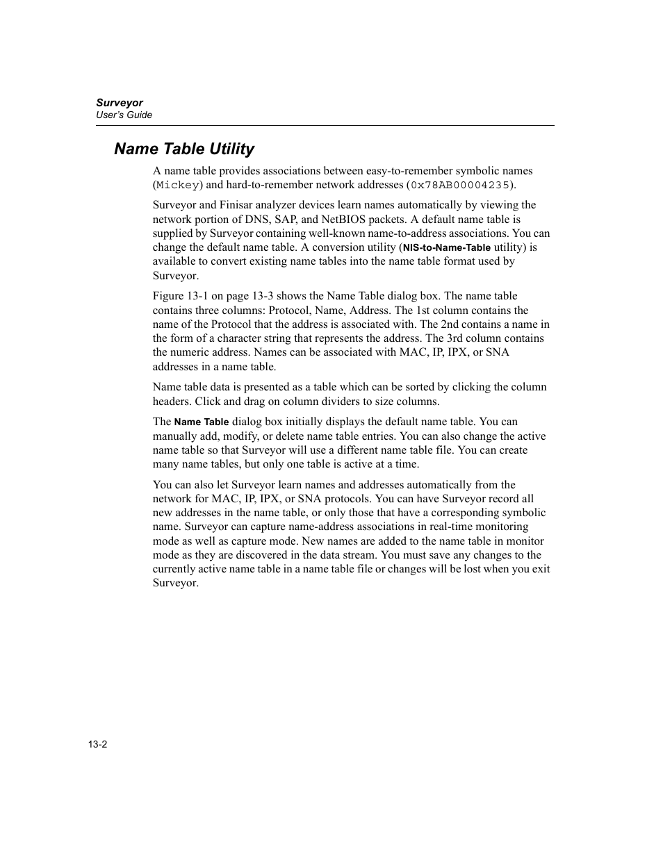 Name table utility, Name table utility -2 | Finisar Surveyor User Manual | Page 380 / 454