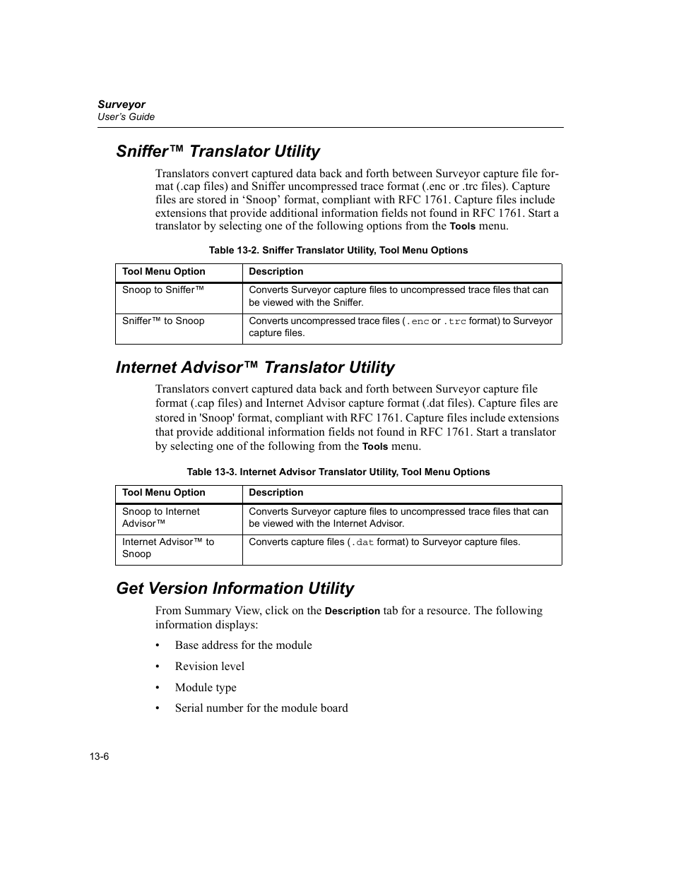 Sniffer™ translator utility, Internet advisor™ translator utility, Get version information utility | Sniffer translator utility, tool menu options -6 | Finisar Surveyor User Manual | Page 384 / 454