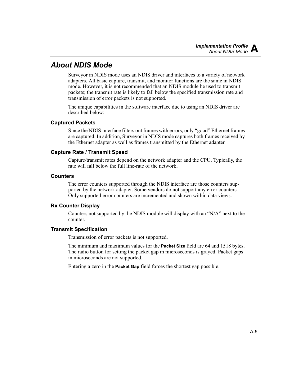 About ndis mode, Captured packets, Capture rate / transmit speed | Counters, Rx counter display, Transmit specification | Finisar Surveyor User Manual | Page 395 / 454