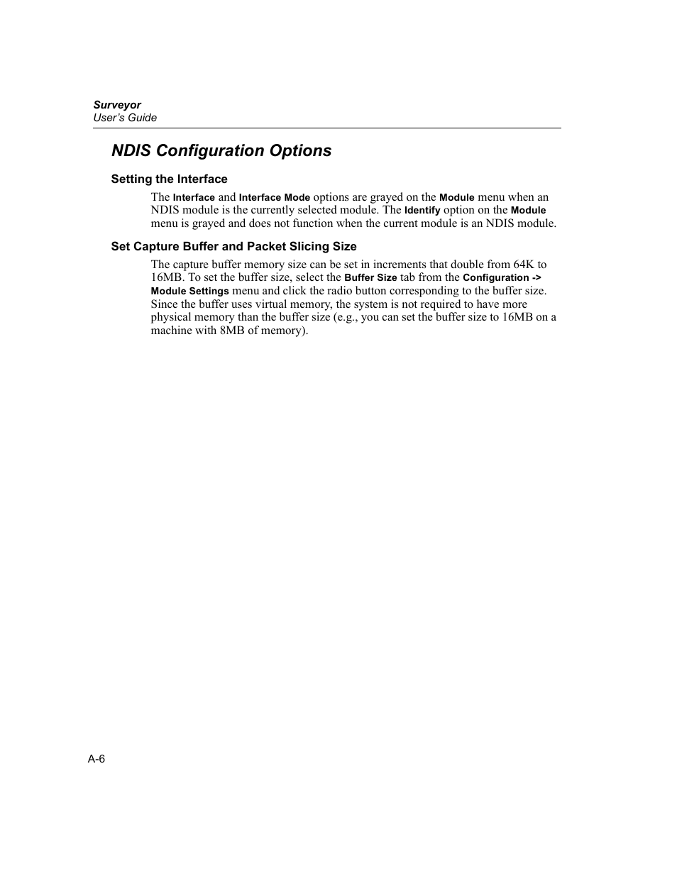 Ndis configuration options, Setting the interface, Set capture buffer and packet slicing size | Finisar Surveyor User Manual | Page 396 / 454