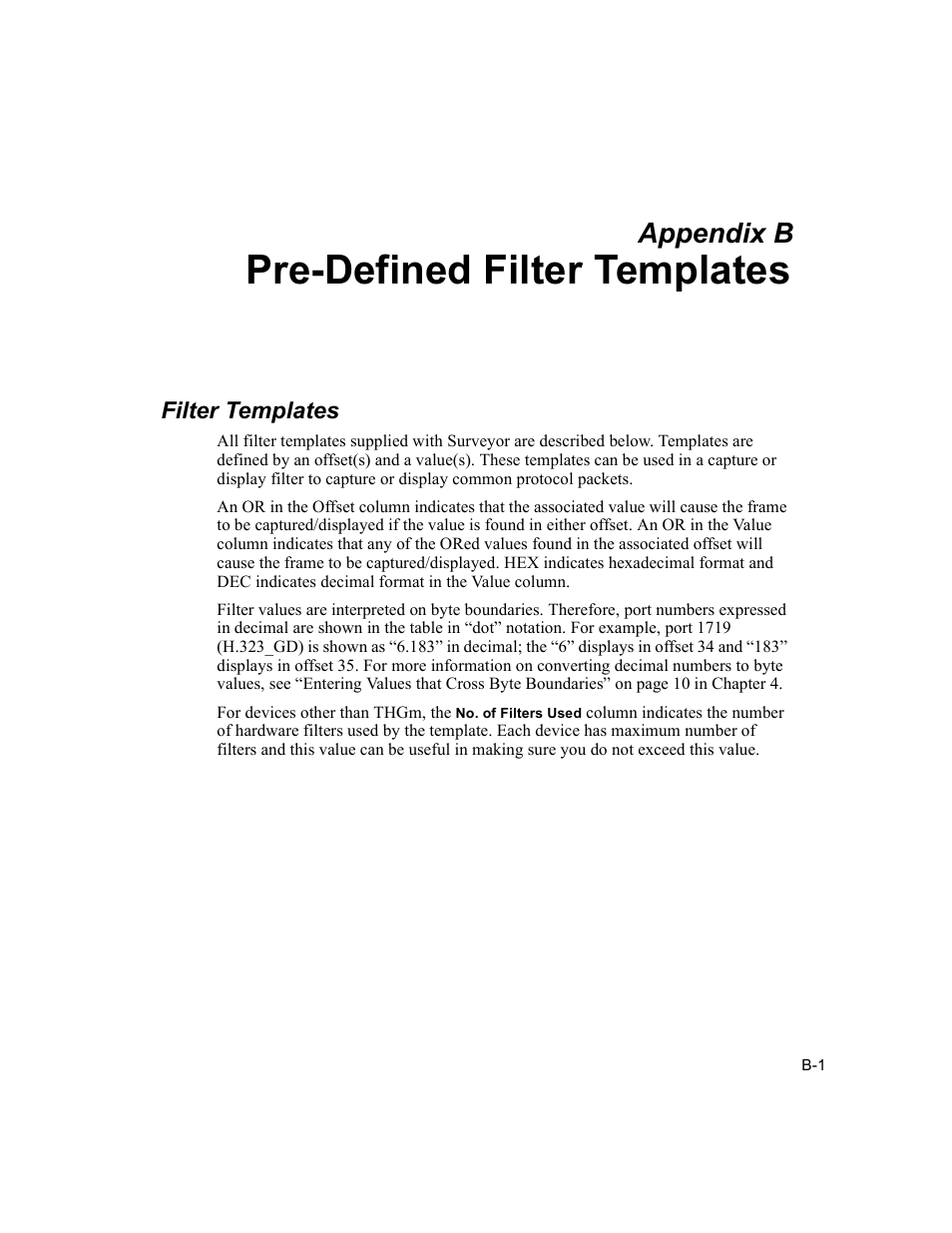 Pre-defined filter templates, Filter templates, Appendix b | Finisar Surveyor User Manual | Page 397 / 454