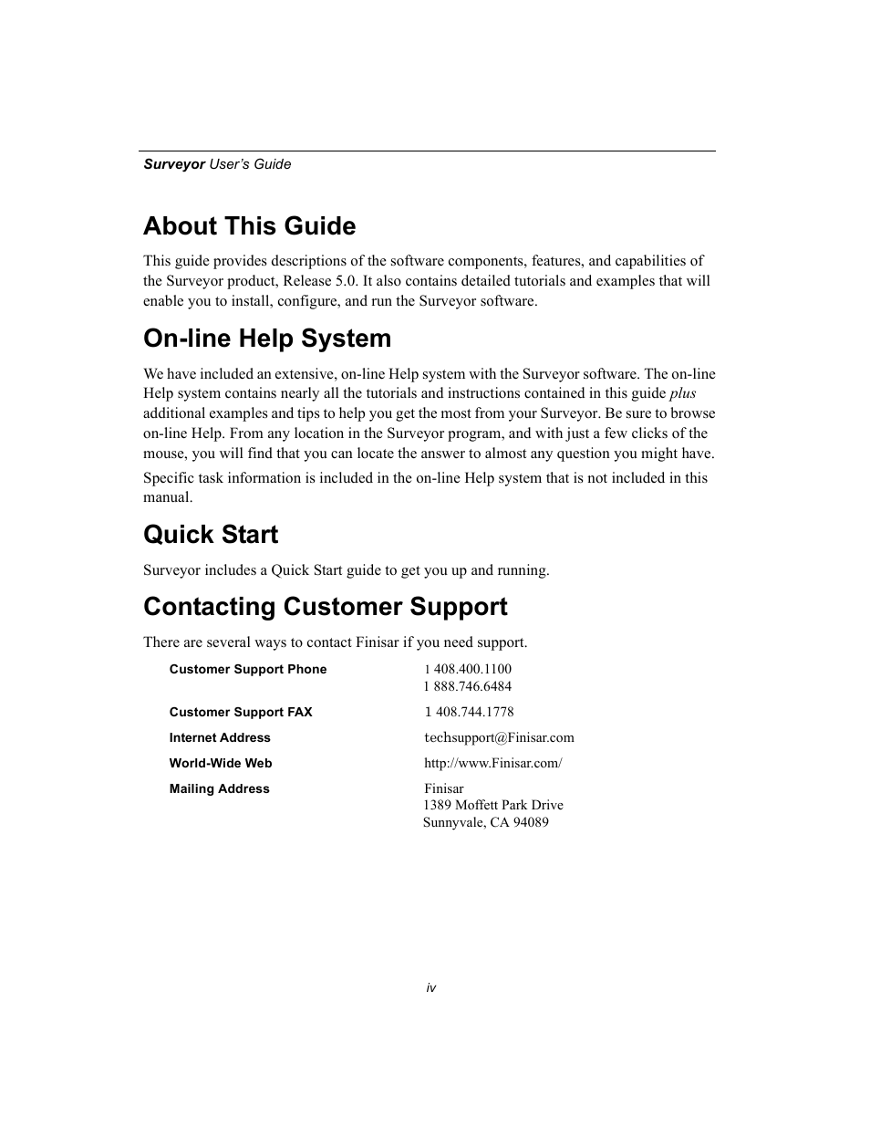 About this guide, On-line help system, Quick start | Contacting customer support | Finisar Surveyor User Manual | Page 4 / 454