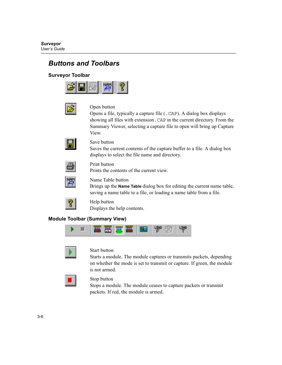 Buttons and toolbars, Surveyor toolbar, Module toolbar (summary view) | Buttons and toolbars -6 | Finisar Surveyor User Manual | Page 46 / 454