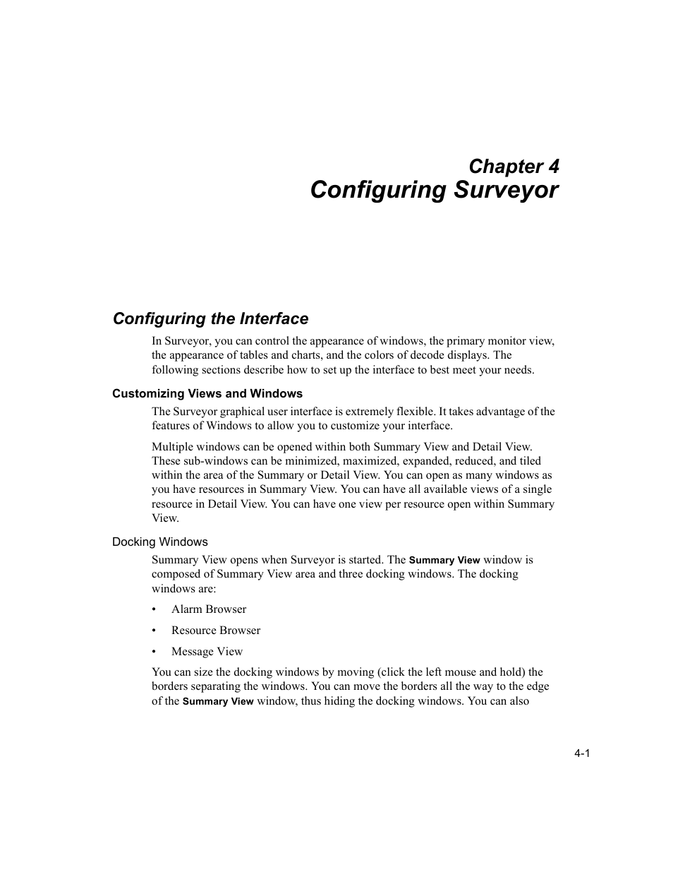 Configuring surveyor, Configuring the interface, Customizing views and windows | Customizing views and windows -1, Chapter 4 | Finisar Surveyor User Manual | Page 61 / 454