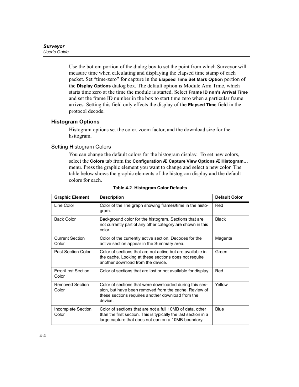 Histogram options, Histogram options -4, Histogram color defaults -4 | Finisar Surveyor User Manual | Page 64 / 454