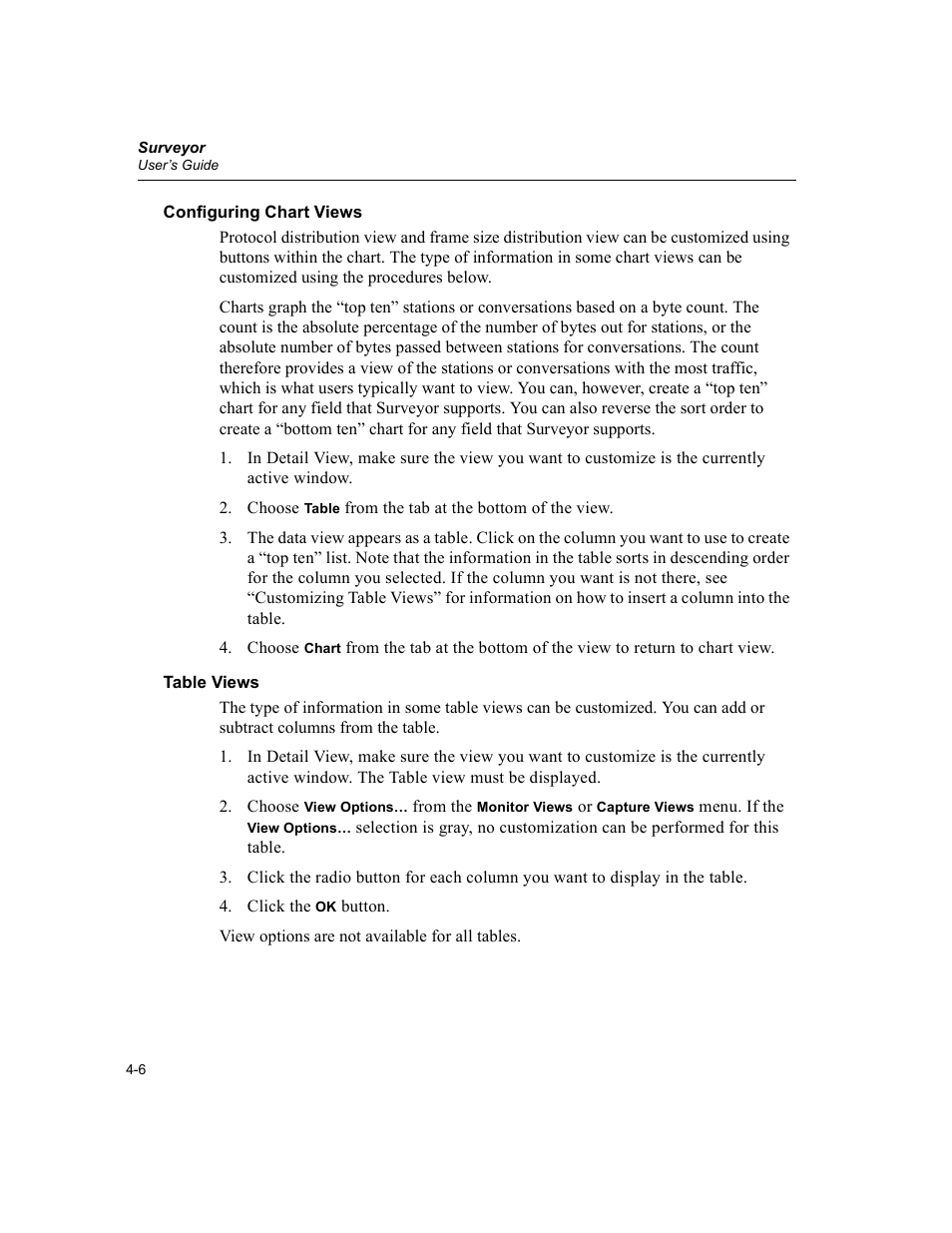 Configuring chart views, Table views, Configuring chart views -6 table views -6 | Finisar Surveyor User Manual | Page 66 / 454