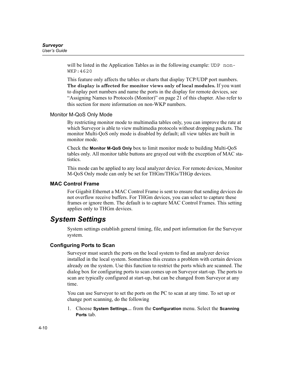 Mac control frame, System settings, Configuring ports to scan | Mac control frame -10, System settings -10, Configuring ports to scan -10 | Finisar Surveyor User Manual | Page 70 / 454