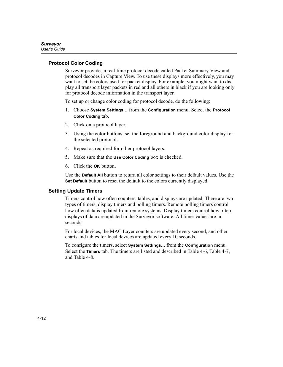 Protocol color coding, Setting update timers | Finisar Surveyor User Manual | Page 72 / 454