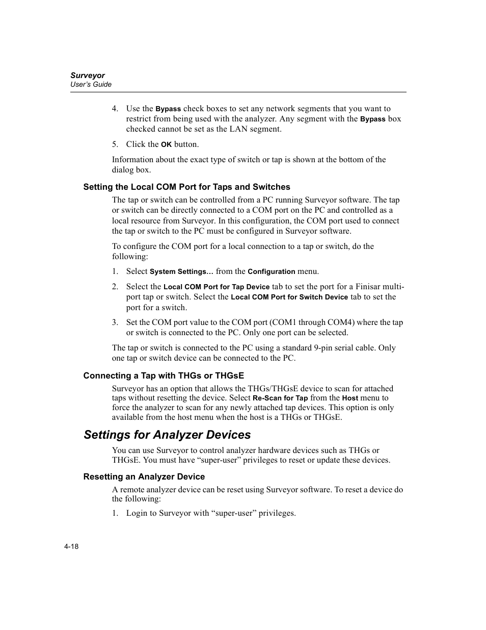 Setting the local com port for taps and switches, Connecting a tap with thgs or thgse, Settings for analyzer devices | Resetting an analyzer device, Settings for analyzer devices -18, Resetting an analyzer device -18 | Finisar Surveyor User Manual | Page 78 / 454