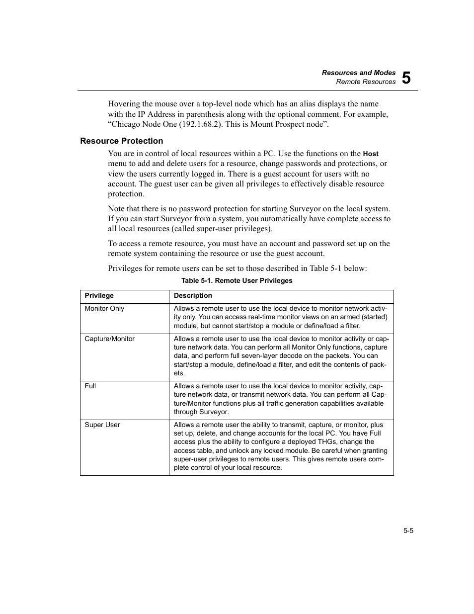 Resource protection, Resource protection -5, Remote user privileges -5 | Finisar Surveyor User Manual | Page 93 / 454