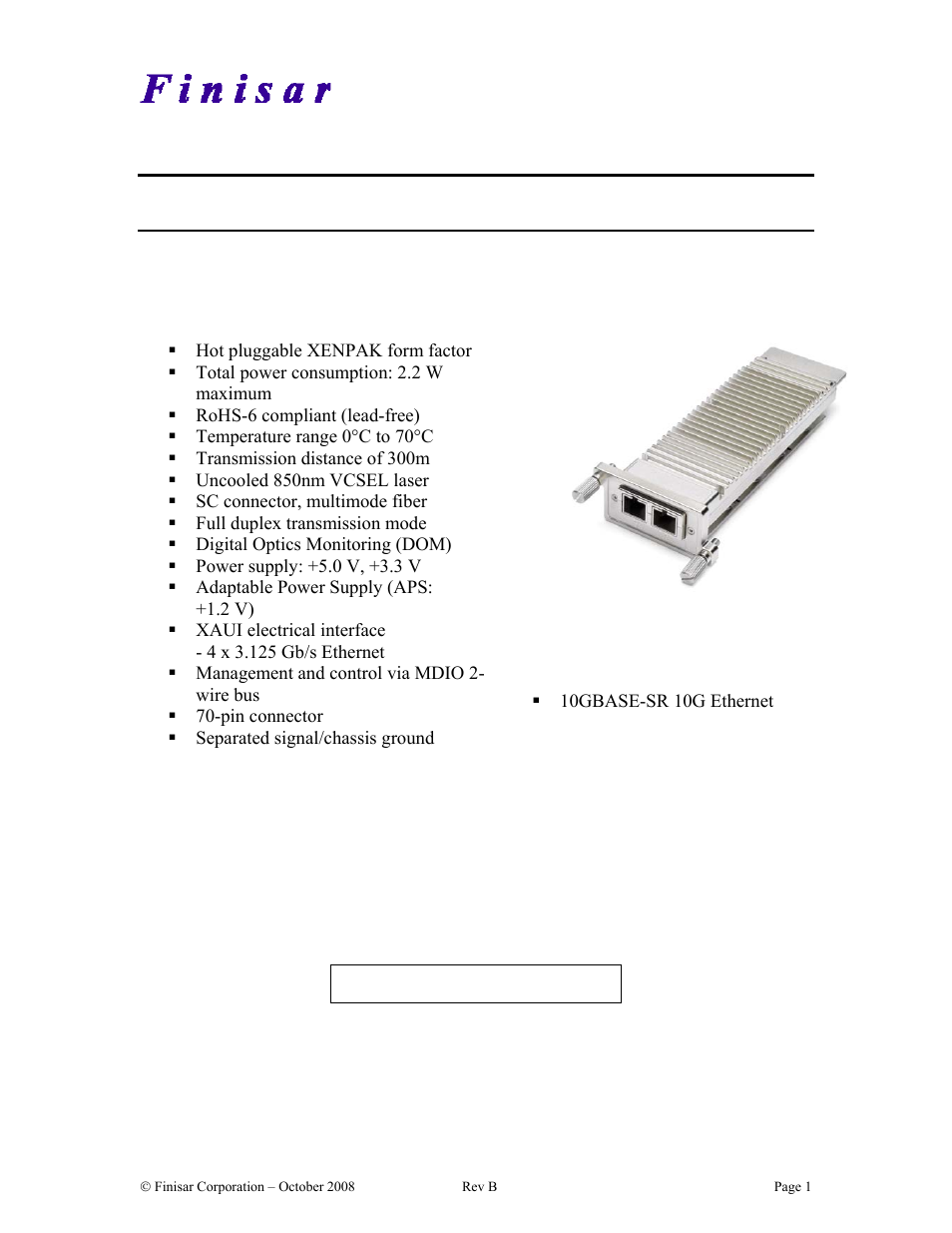 Finisar XENPAK Transponder FTLX8561E2 User Manual | 10 pages