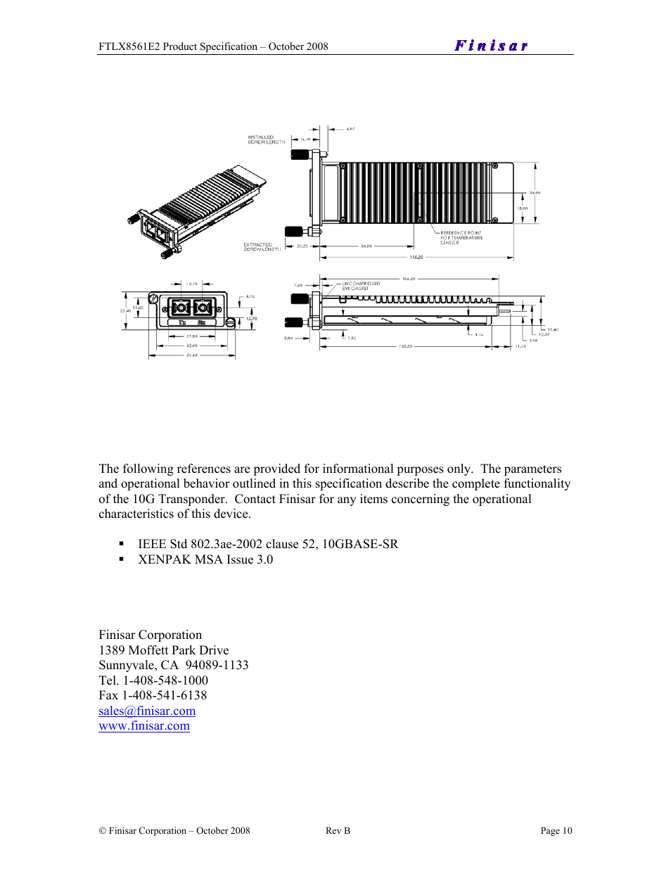 Finisar XENPAK Transponder FTLX8561E2 User Manual | Page 10 / 10