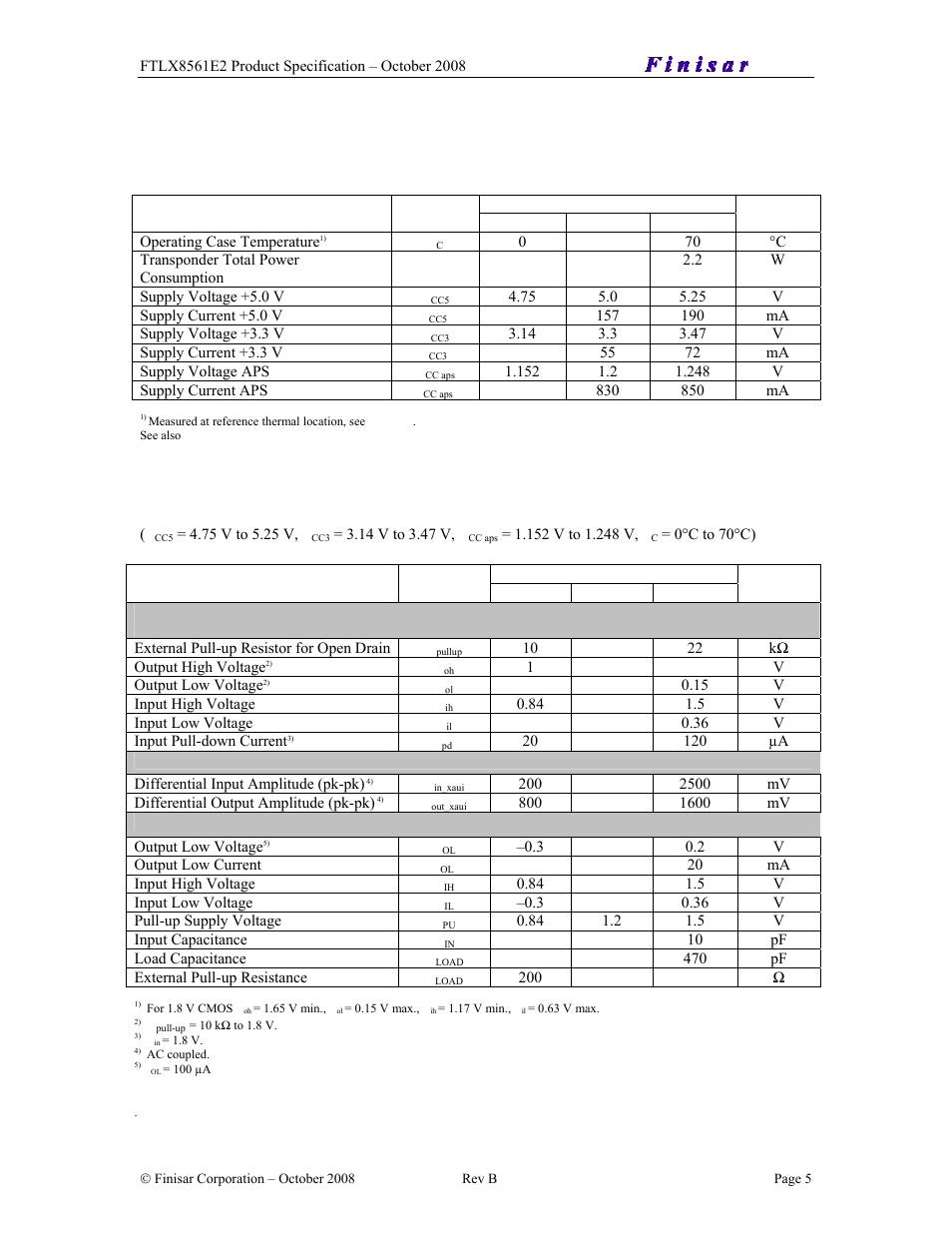Electrical dc characteristics | Finisar XENPAK Transponder FTLX8561E2 User Manual | Page 5 / 10
