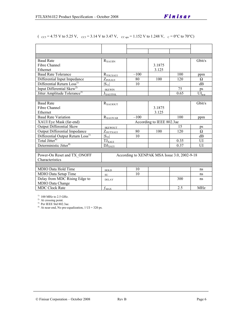Electrical ac characteristics | Finisar XENPAK Transponder FTLX8561E2 User Manual | Page 6 / 10