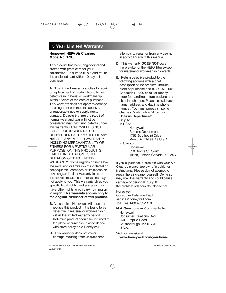 5 year limited warranty | Filtera 17005 User Manual | Page 10 / 10