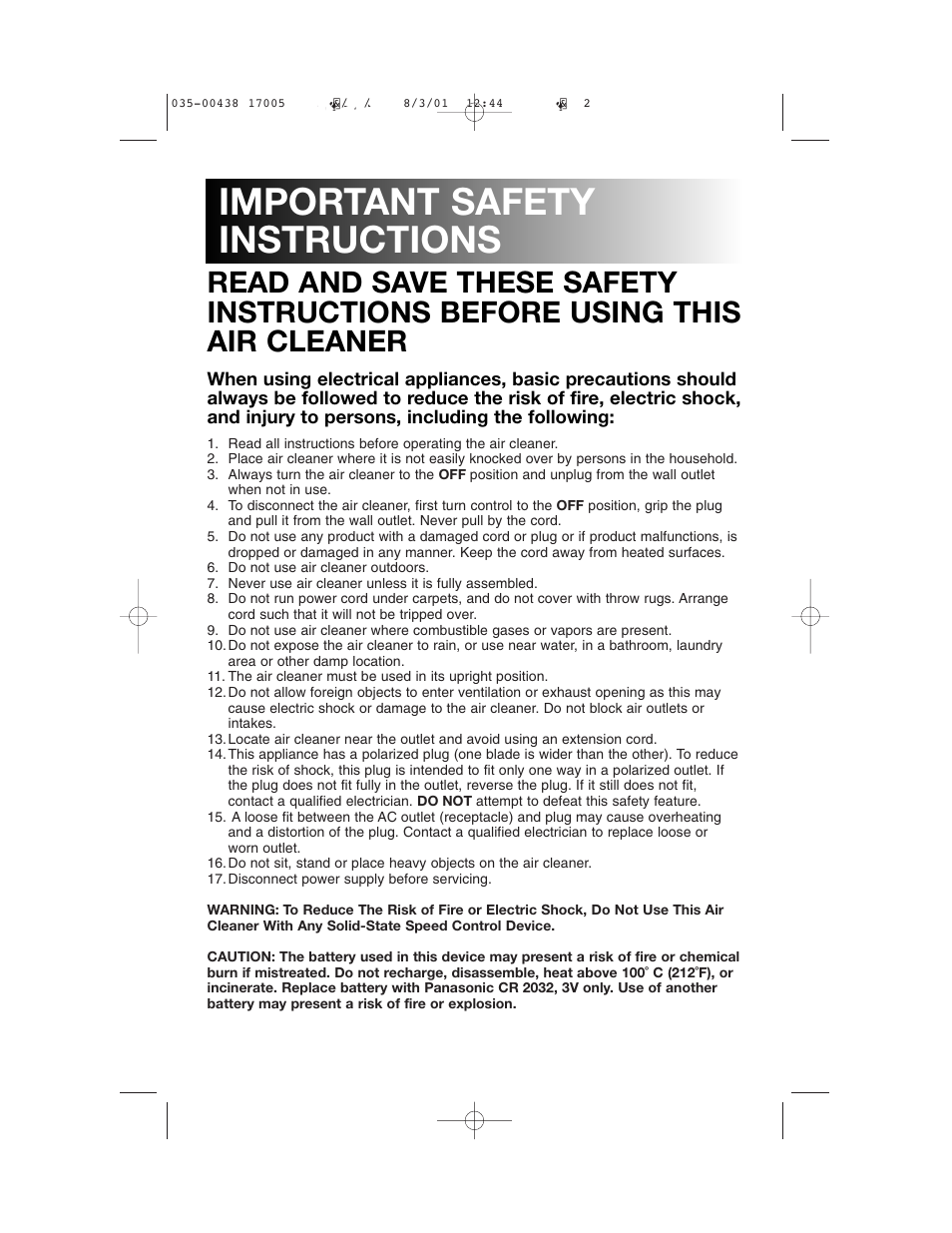 Important safety instructions | Filtera 17005 User Manual | Page 2 / 10