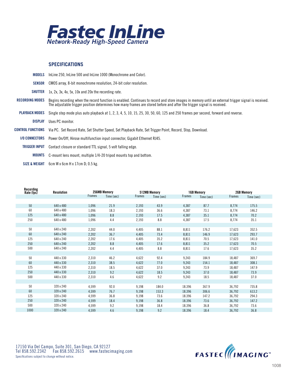 Fastec inline, Network-ready high-speed camera, Specifications | Fastec Imaging High-Speed Camera User Manual | Page 2 / 2