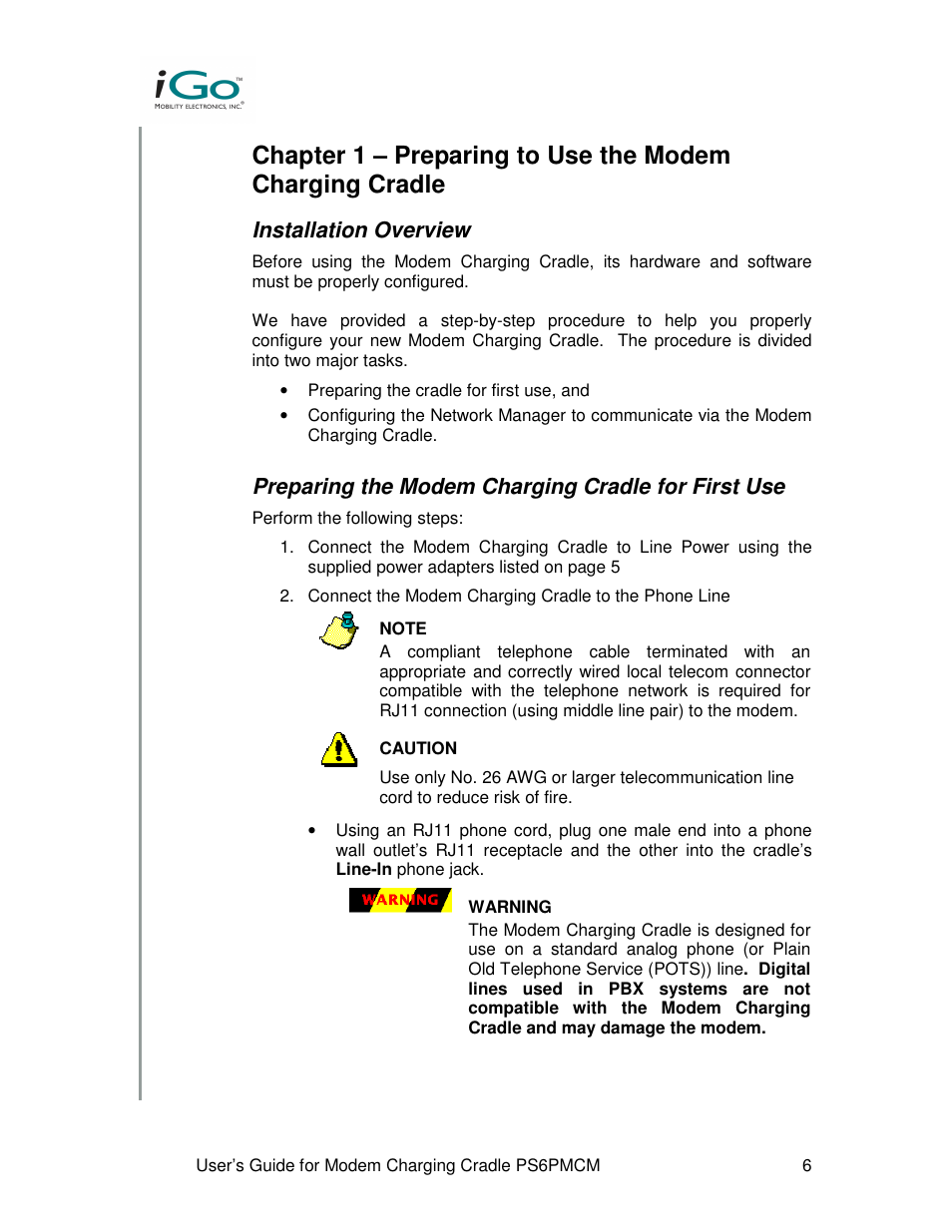 Installation overview, Preparing the modem charging cradle for first use | Front Electronics PS6PMCM User Manual | Page 6 / 13