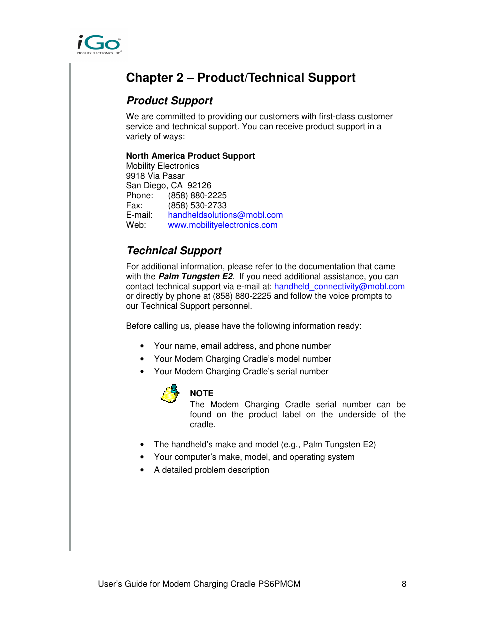 Chapter 2 – product/technical support, Product support, Technical support | Front Electronics PS6PMCM User Manual | Page 8 / 13
