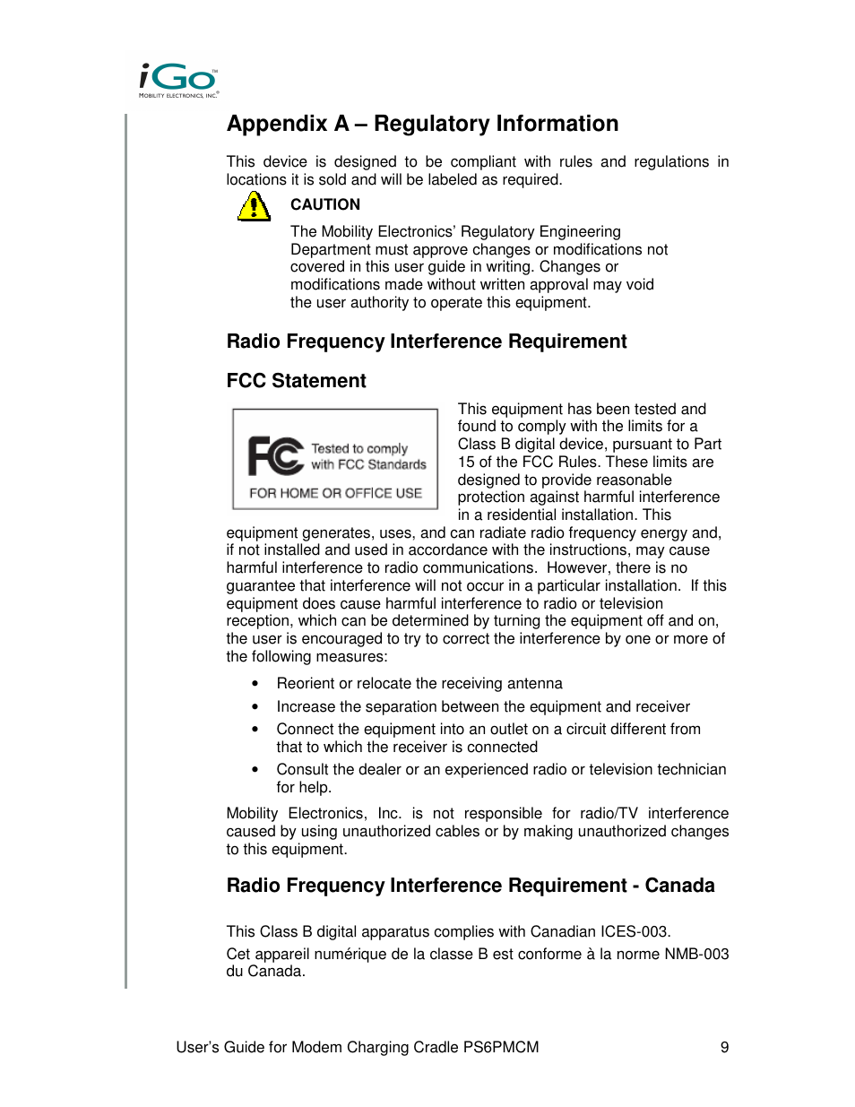 Appendix a – regulatory information, Radio frequency interference requirement - canada | Front Electronics PS6PMCM User Manual | Page 9 / 13