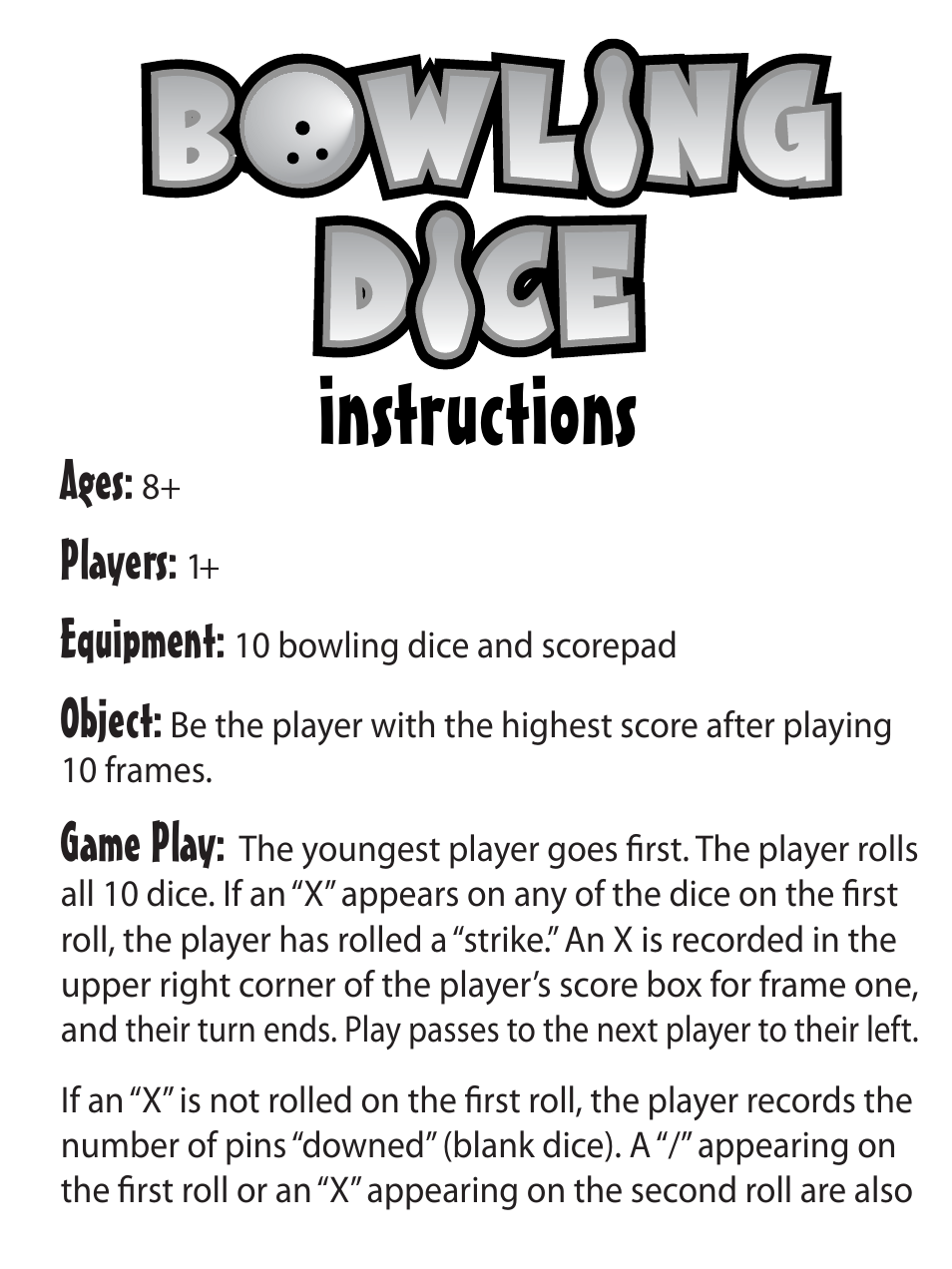 Fundex Games Bowling Dice User Manual | 5 pages