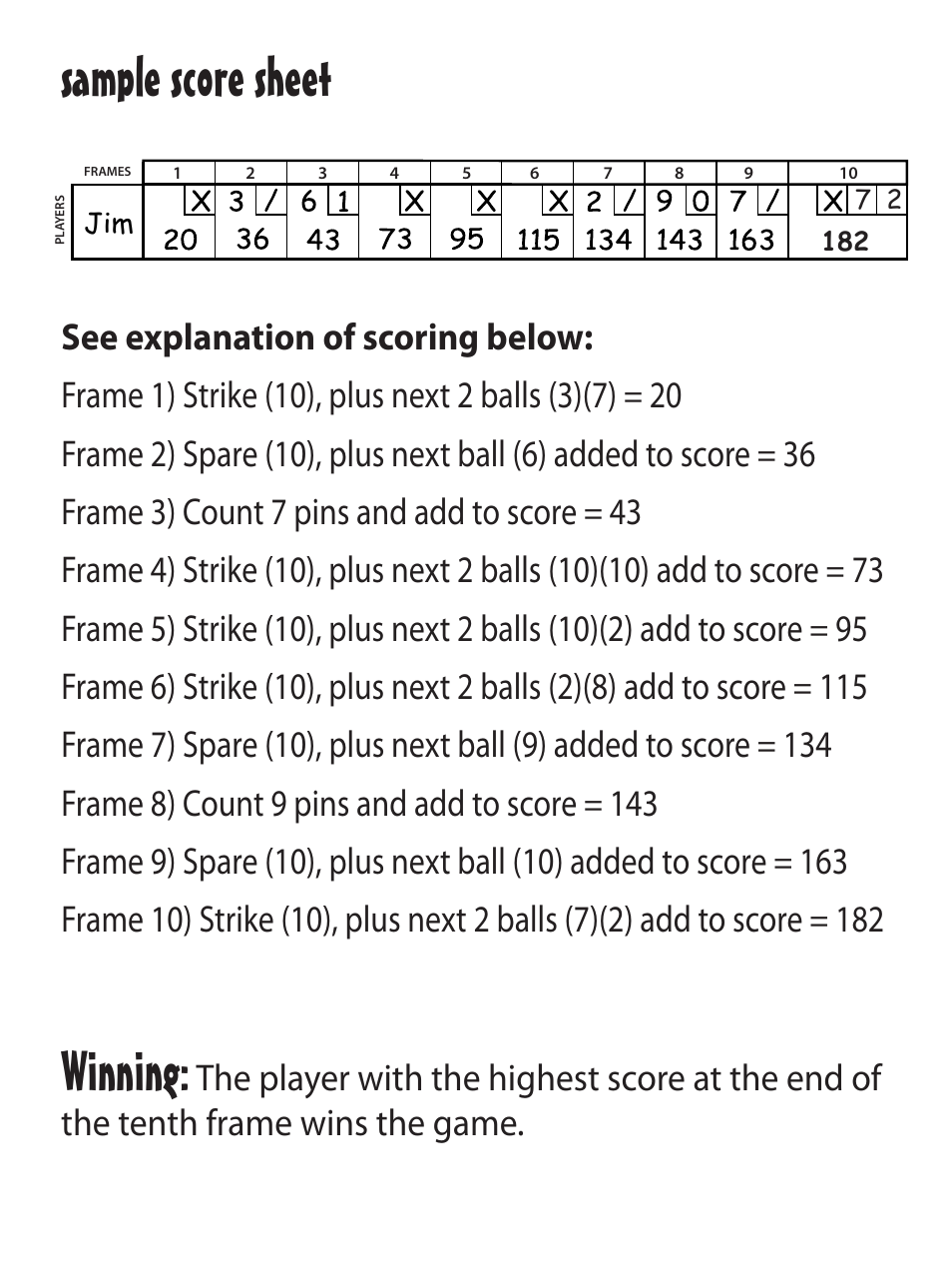 Sample score sheet, Winning | Fundex Games Bowling Dice User Manual | Page 3 / 5