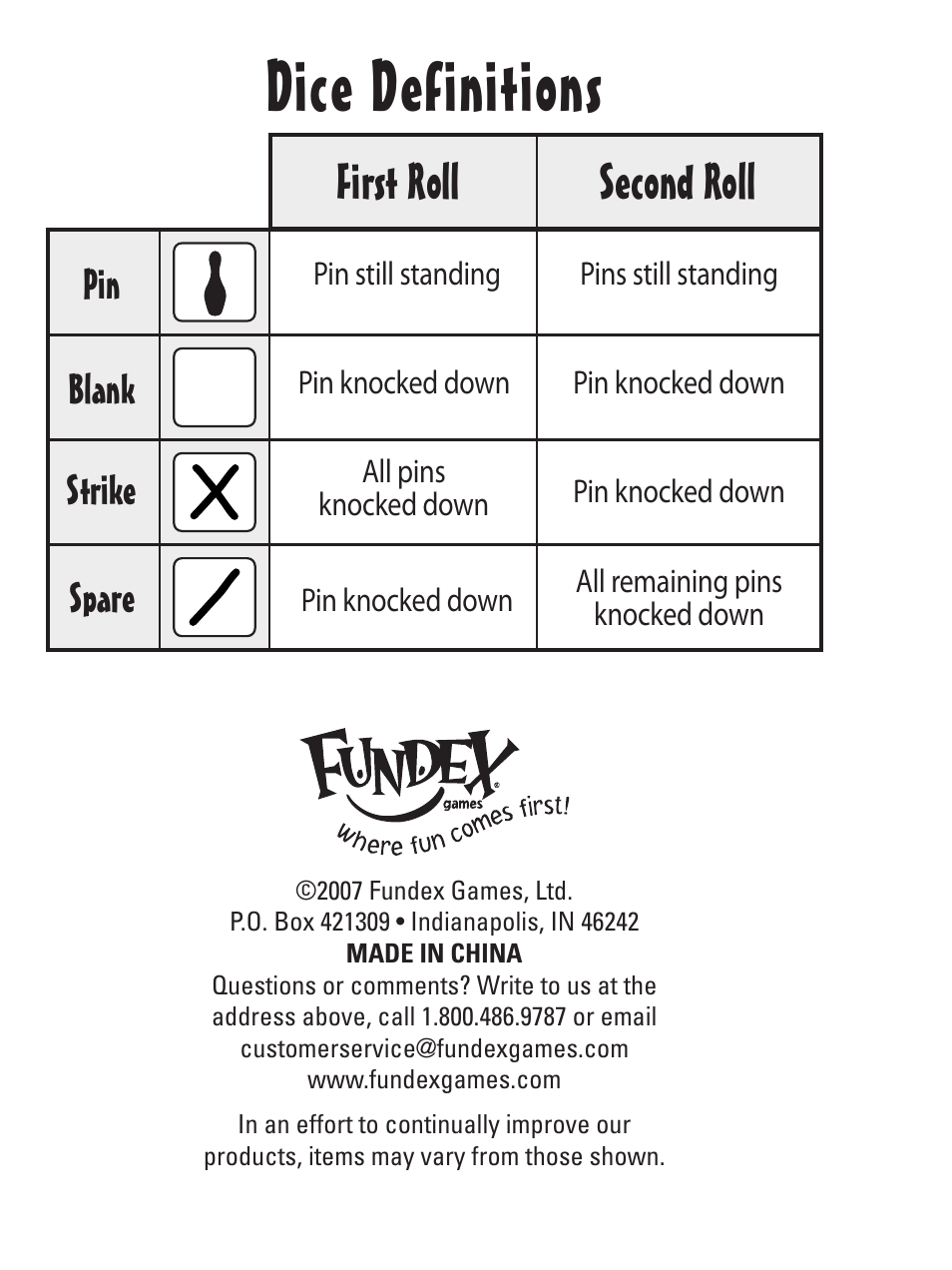 Dice definitions, Second roll first roll, Pin blank strike spare | Fundex Games Bowling Dice User Manual | Page 4 / 5