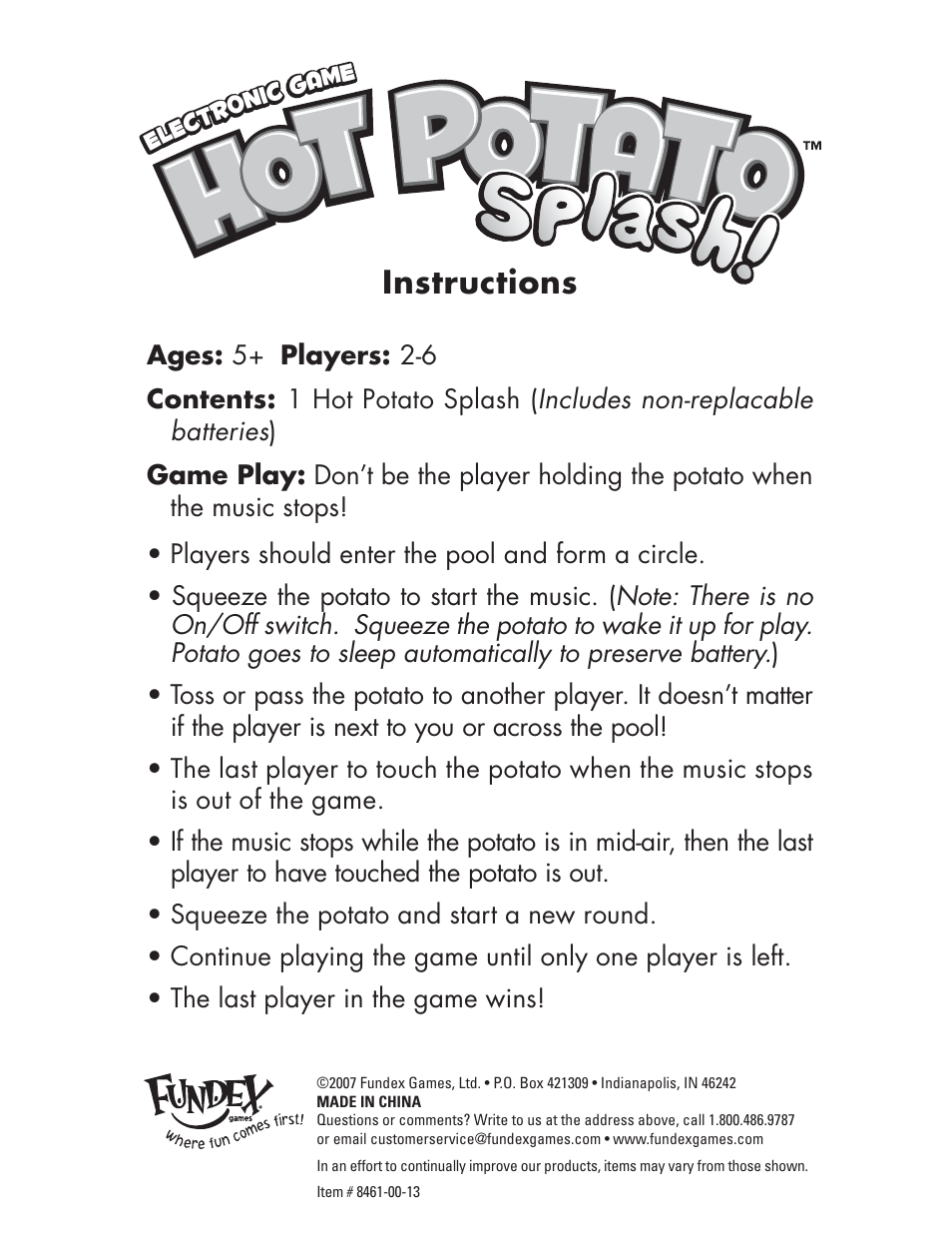 Fundex Games Hot Potato Splash User Manual | 1 page