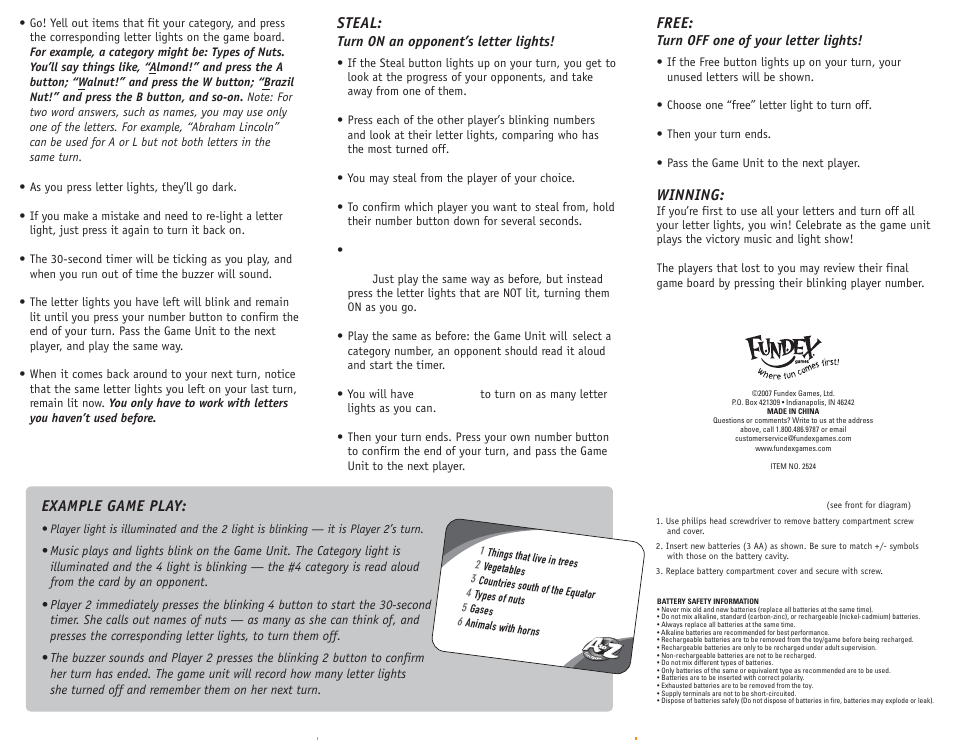 Steal, Example game play, Free | Winning | Fundex Games 2524 User Manual | Page 2 / 2