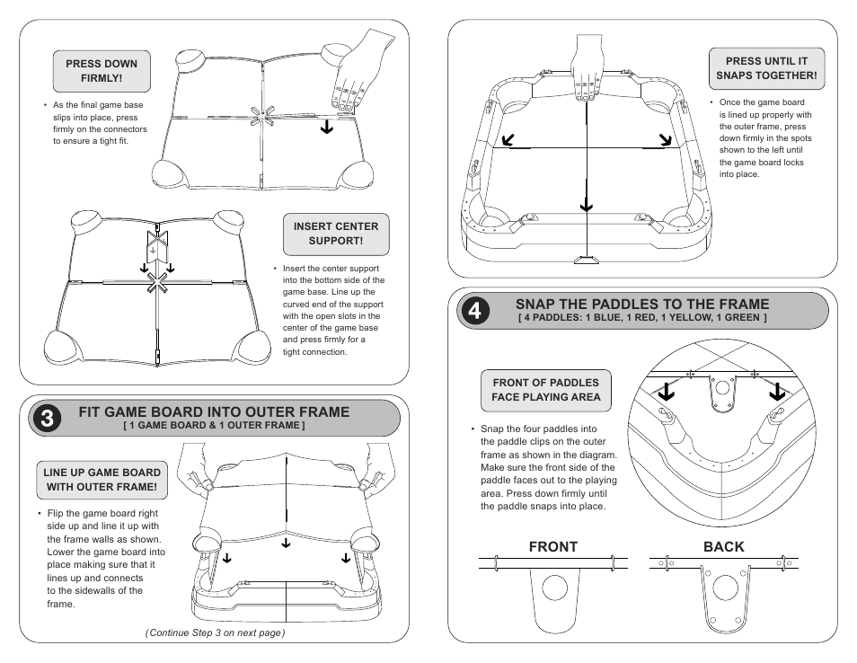 Snap the paddles to the frame, Front back, Fit game board into outer frame | Fundex Games Paddle Pool User Manual | Page 2 / 3