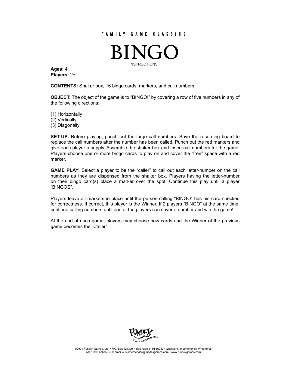 Fundex Games Family Game Classics Bingo User Manual | 1 page