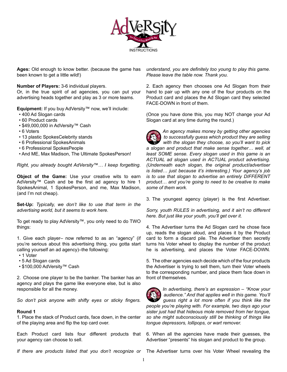 Fundex Games AdVersity User Manual | 4 pages