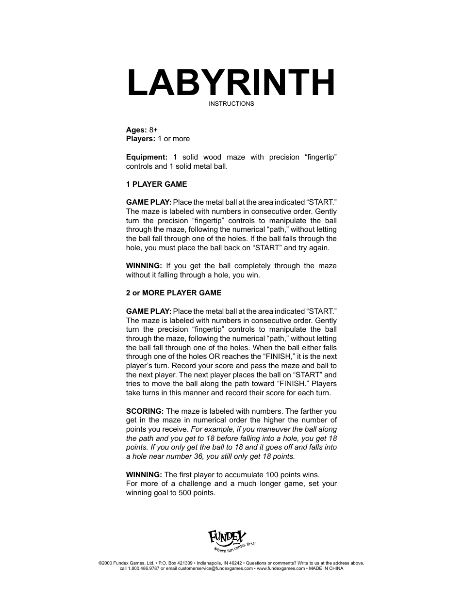 Fundex Games Labyrinth User Manual | 1 page