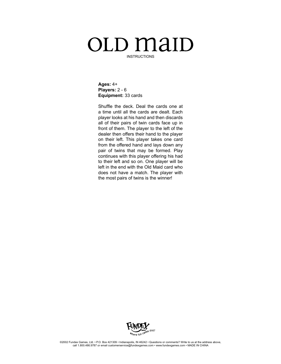 Fundex Games Old Maid User Manual | 1 page