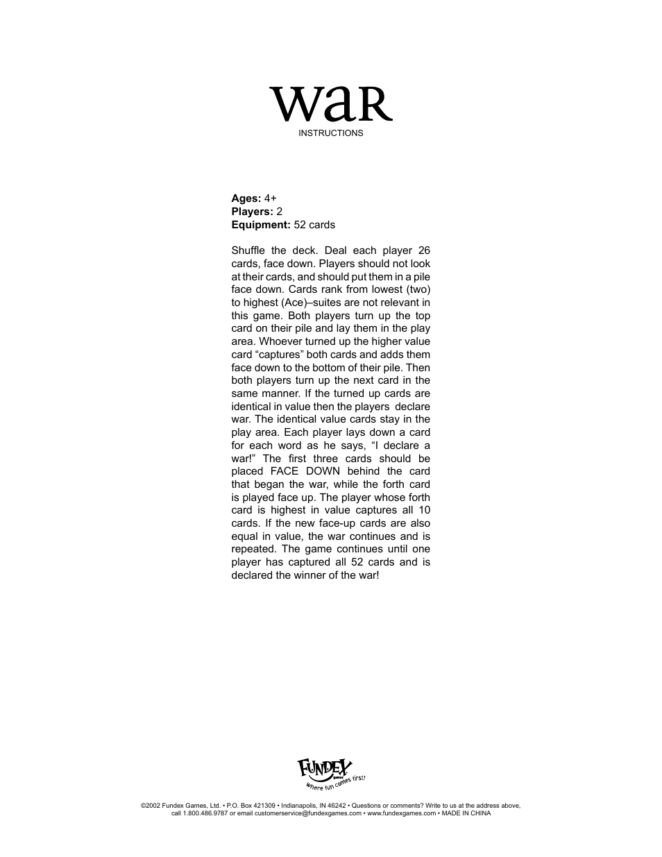 Fundex Games War User Manual | 1 page