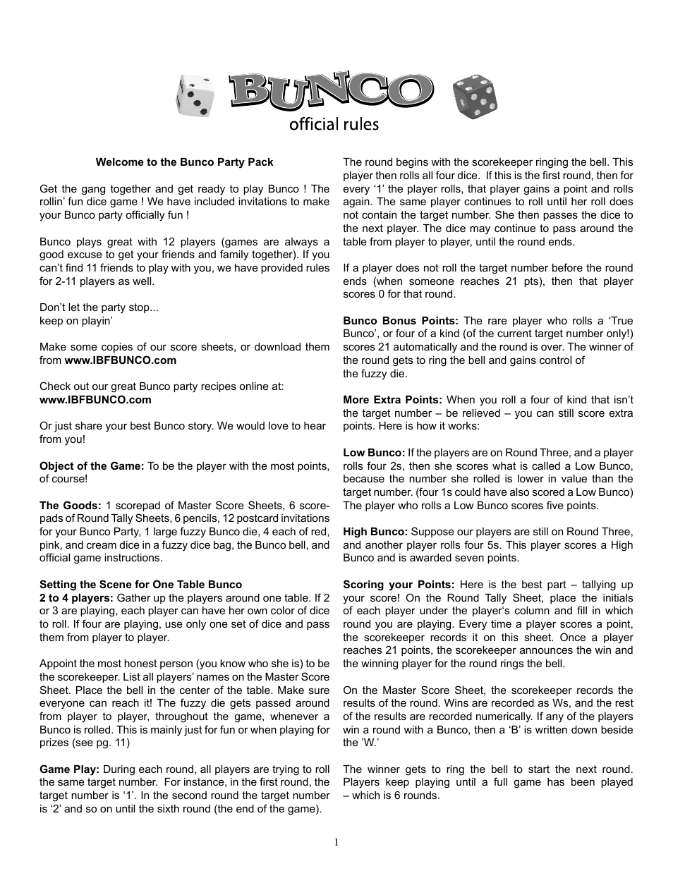 Fundex Games Bunco Party User Manual | 3 pages